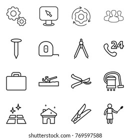 Thin line icon set : gear, monitor arrow, around, group, nail, measuring tape, drawing compasses, phone 24, suitcase, soil cutter, pruner, vacuum cleaner, clean floor, house cleaning, clothespin
