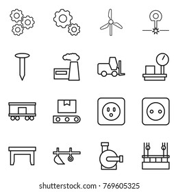 Thin line icon set : gear, windmill, laser, nail, factory, fork loader, warehouse scales, railroad shipping, transporter tape, power socket, table, plow, water pump, skysrcapers cleaning