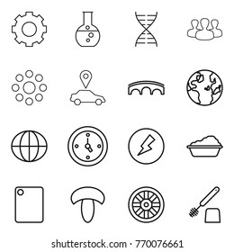 Thin line icon set : gear, round flask, dna, group, around, car pointer, bridge, globe, watch, electricity, washing, cutting board, mushroom, wheel, toilet brush