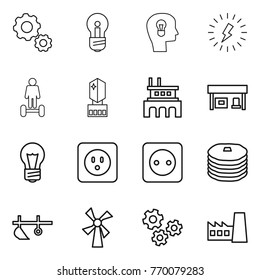 Thin line icon set : gear, bulb, head, lightning, hoverboard, crystall memory, factory, gas station, power socket, pancakes, plow, windmill, gears