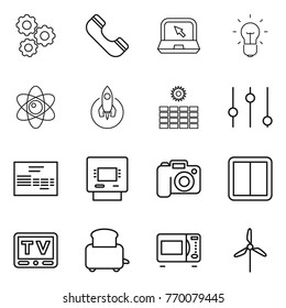 Thin line icon set : gear, phone, notebook, bulb, atom, rocket, sun power, equalizer, invoice, atm, camera, switch, tv, toaster, microwave oven, windmill