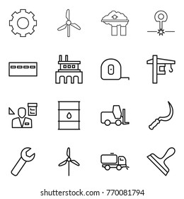 Thin line icon set : gear, windmill, factory filter, laser, bunker, measuring tape, tower crane, architector, barrel, fork loader, sickle, wrench, sweeper, scraper