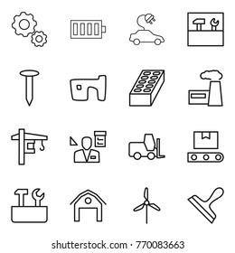 Thin line icon set : gear, battery, electric car, tools, nail, slum, brick, factory, tower crane, architector, fork loader, transporter tape, repair, barn, windmill, scraper
