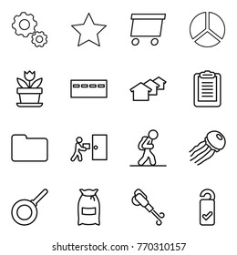 Thin line icon set : gear, star, delivery, diagram, flower, bunker, houses, clipboard, documents, courier, tourist, jellyfish, pan, flour, blower, please clean
