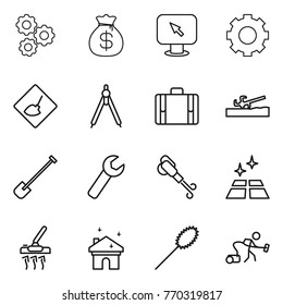 Thin line icon set : gear, money bag, monitor arrow, under construction, drawing compasses, suitcase, soil cutter, shovel, wrench, blower, clean floor, vacuum cleaner, house cleaning, duster