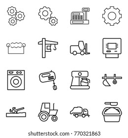 Thin line icon set : gear, cashbox, electrostatic, tower crane, fork loader, atm, washing machine, mixer, coffee maker, plow, soil cutter, tractor, trash truck, powder