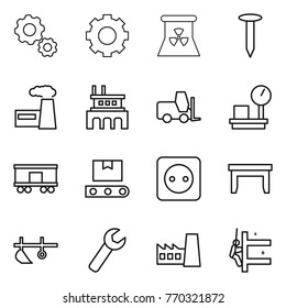 Thin line icon set : gear, nuclear power, nail, factory, fork loader, warehouse scales, railroad shipping, transporter tape, socket, table, plow, wrench, skyscrapers cleaning