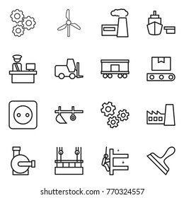 Thin line icon set : gear, windmill, factory, port, customs control, fork loader, railroad shipping, transporter tape, power socket, plow, gears, water pump, skysrcapers cleaning, skyscrapers