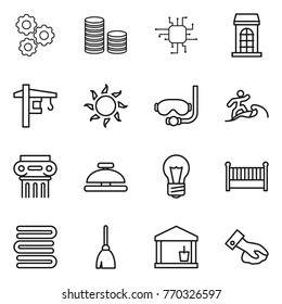 Thin line icon set : gear, coin stack, chip, building, tower crane, sun, diving mask, surfer, antique column, service bell, bulb, crib, towels, broom, utility room, wiping