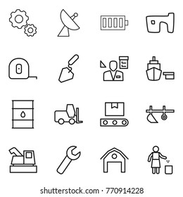 Thin line icon set : gear, satellite antenna, battery, slum, measuring tape, construction, architector, port, barrel, fork loader, transporter, plow, harvester, wrench, barn, garbage bin