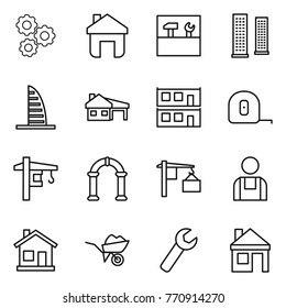 Thin line icon set : gear, home, tools, skyscrapers, skyscraper, house with garage, modular, measuring tape, tower crane, arch, loading, workman, wheelbarrow, wrench
