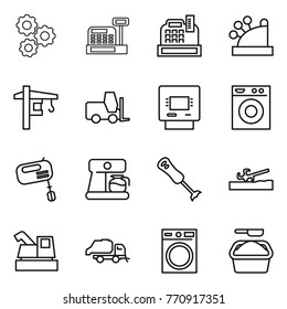 Thin line icon set : gear, cashbox, tower crane, fork loader, atm, washing machine, mixer, coffee maker, blender, soil cutter, harvester, trash truck, powder