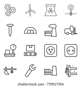 Thin line icon set : gear, windmill, nuclear power, laser, nail, hangare, factory, fork loader, warehouse scales, transporter tape, socket, plow, wrench, skyscrapers cleaning