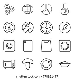 Thin line icon set : gear, globe, diagram, round flask, info, earth, watch, electricity, ring button, cutting board, grill oven, mushroom, reload, foam basin