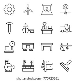 Thin line icon set : gear, windmill, nuclear power, laser, nail, port, customs control, fork loader, warehouse scales, railroad shipping, table, plow, water pump, skysrcapers cleaning, skyscrapers