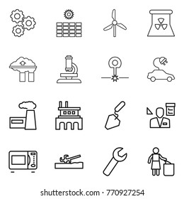 Thin line icon set : gear, sun power, windmill, nuclear, factory filter, microscope, laser, electric car, construction, architector, microwave oven, soil cutter, wrench, garbage bin