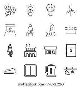 Thin line icon set : gear, bulb, brain, windmill, nuclear power, hoverboard, infinity, electrostatic, spark plug, factory, gas station, barrel, jet ski, switch, kettle, plow