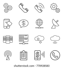 Thin line icon set : gear, phone, call, touch, money message, globe connect, satellite antenna, server, cloude service, cloud wireless, clipboard, mobile pay