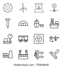 Thin line icon set : gear, windmill, nuclear power, laser, nail, hangare, port, customs control, warehouse scales, railroad shipping, socket, plow, factory, skysrcapers cleaning, skyscrapers