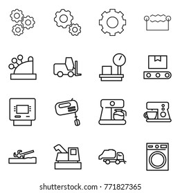 Thin line icon set : gear, electrostatic, cashbox, fork loader, warehouse scales, transporter tape, atm, mixer, coffee maker, soil cutter, harvester, trash truck, washing machine