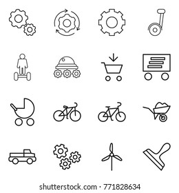Thin line icon set : gear, around, segway, hoverboard, lunar rover, add to cart, delivery, baby stroller, bike, wheelbarrow, pickup, gears, windmill, scraper