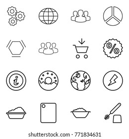 Thin line icon set : gear, globe, group, diagram, hex molecule, add to cart, percent, info, donut, electricity, washing, cutting board, foam basin, toilet brush