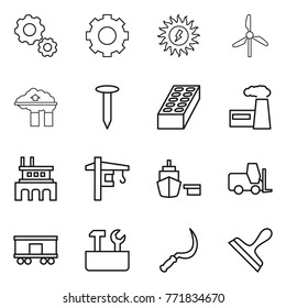 Thin line icon set : gear, sun power, windmill, factory filter, nail, brick, tower crane, port, fork loader, railroad shipping, repair tools, sickle, scraper