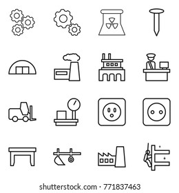 Thin line icon set : gear, nuclear power, nail, hangare, factory, customs control, fork loader, warehouse scales, socket, table, plow, skyscrapers cleaning