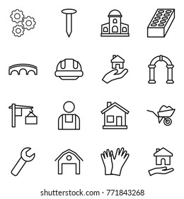 Thin line icon set : gear, nail, mansion, brick, bridge, building helmet, real estate, arch, loading, workman, home, wheelbarrow, wrench, barn, gloves, housing