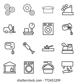 Thin line icon set : gear, electrostatic, cashbox, fork loader, warehouse scales, washing machine, mixer, blender, soil cutter, harvester, utility room, powder, hand dryer
