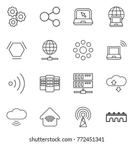 Thin line icon set : gear, share, notebook, globe, hex molecule, connect, round around, wireless, server, cloude service, cloud, home, antenna, bridge