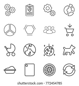 Thin line icon set : gear, report, circle diagram, hex molecule, group, add to cart, baby stroller, earth, disco ball, dog, washing, cutting board, wheel, reload