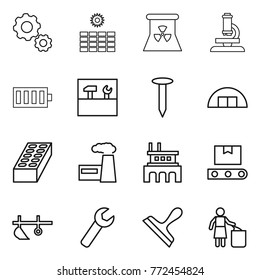 Thin line icon set : gear, sun power, nuclear, microscope, battery, tools, nail, hangare, brick, factory, transporter tape, plow, wrench, scraper, garbage bin