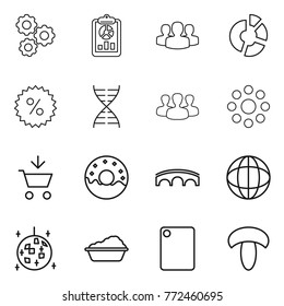 Thin line icon set : gear, report, group, circle diagram, percent, dna, round around, add to cart, donut, bridge, globe, disco ball, washing, cutting board, mushroom