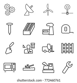 Thin line icon set : gear, satellite antenna, windmill, laser, nail, brick, factory, measuring tape, construction, architector, fork loader, pallet, microwave oven, soil cutter, harvester, wrench