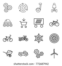 Thin line icon set : gear, around, segway, hoverboard, lunar rover, add to cart, delivery, bike, motorcycle, handwheel, wheel, wheelbarrow, pickup, gears, windmill