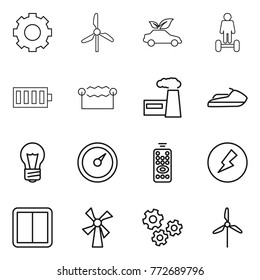 Thin line icon set : gear, windmill, eco car, hoverboard, battery, electrostatic, factory, jet ski, bulb, barometer, remote control, electricity, power switch, gears