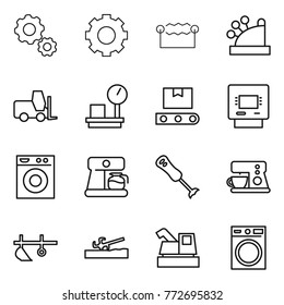Thin line icon set : gear, electrostatic, cashbox, fork loader, warehouse scales, transporter tape, atm, washing machine, coffee maker, blender, plow, soil cutter, harvester