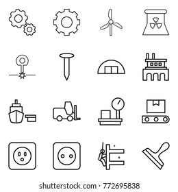 Thin line icon set : gear, windmill, nuclear power, laser, nail, hangare, factory, port, fork loader, warehouse scales, transporter tape, socket, skyscrapers cleaning, scraper