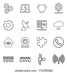 Thin line icon set : gear, notebook, hex molecule, globe connect, satellite antenna, server, cloud wireless, home, web cam, puzzle, phone, bridge