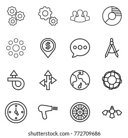 Thin Line Icon Set : Gear, Group, Circle Diagram, Round Around, Dollar Pin, Balloon, Draw Compass, Trip, Route, Earth, Lifebuoy, Watch, Hair Dryer, Wheel, Hard Reach Place Cleaning