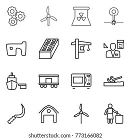 Thin line icon set : gear, windmill, nuclear power, laser, slum, brick, tower crane, architector, port, railroad shipping, microwave oven, soil cutter, sickle, barn, garbage bin