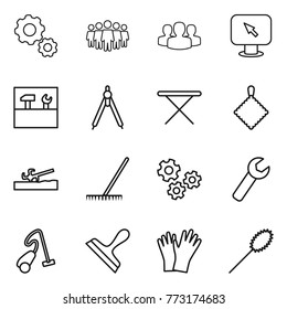 Thin line icon set : gear, team, group, monitor arrow, tools, drawing compasses, iron board, rag, soil cutter, rake, gears, wrench, vacuum cleaner, scraper, gloves, duster