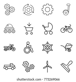 Thin line icon set : gear, around, segway, lunar rover, add to cart, baby stroller, bike, motorcycle, invalid, handwheel, wheelbarrow, pickup, gears, windmill, scraper