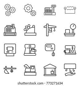 Thin line icon set : gear, cashbox, electrostatic, tower crane, warehouse scales, atm, coffee maker, mixer, plow, harvester, utility room, hand dryer
