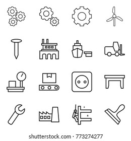 Thin line icon set : gear, windmill, nail, factory, port, fork loader, warehouse scales, transporter tape, power socket, table, wrench, skyscrapers cleaning, scraper