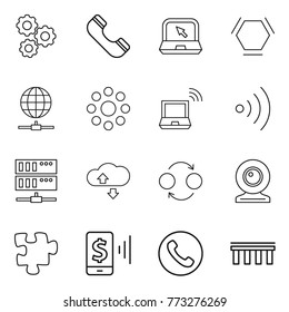 Thin line icon set : gear, phone, notebook, hex molecule, globe connect, round around, wireless, server, cloude service, quantum bond, web cam, puzzle, mobile pay, bridge