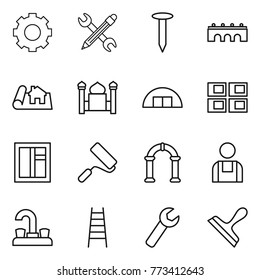 Thin line icon set : gear, pencil wrench, nail, bridge, project, minaret, hangare, panel house, window, repair, arch, workman, water tap, stairs, scraper