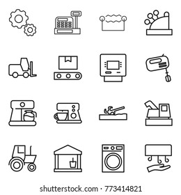Thin line icon set : gear, cashbox, electrostatic, fork loader, transporter tape, atm, mixer, coffee maker, soil cutter, harvester, tractor, utility room, washing machine, hand dryer