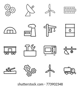 Thin line icon set : gear, satellite antenna, windmill, battery, hangare, factory, tower crane, barrel, railroad shipping, repair tools, microwave oven, plow, soil cutter, gears, sweeper